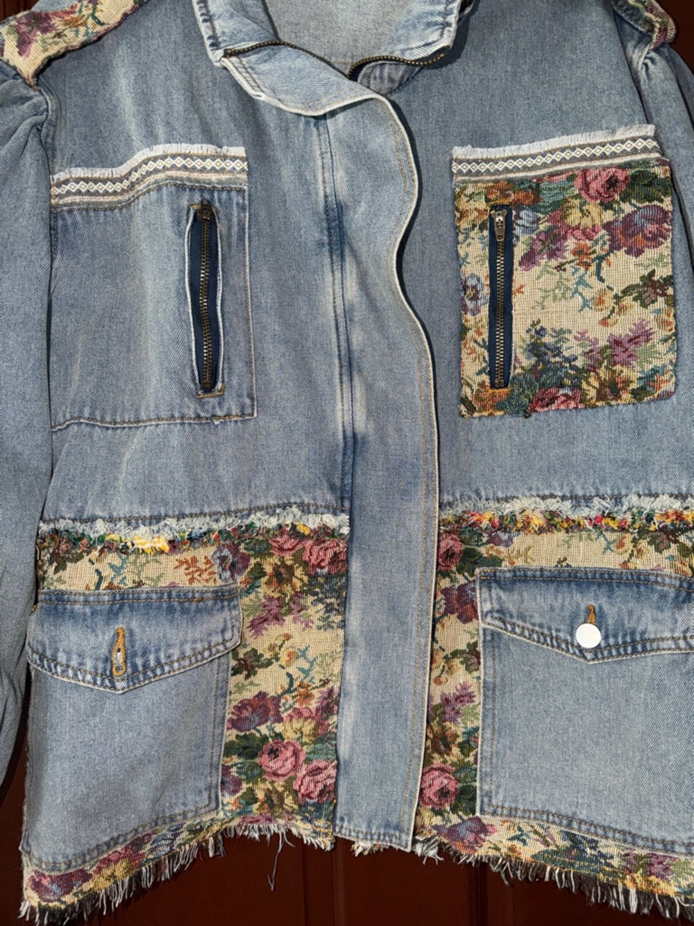POL Light Blue Denim Jacket with Floral Tapestry Panels - Picture 2 of 5
